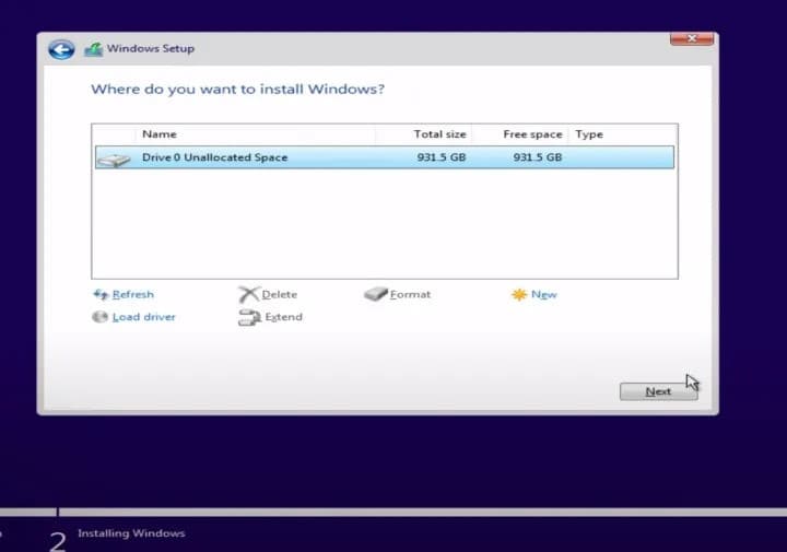 Choosing the install drive during Windows 11 setup