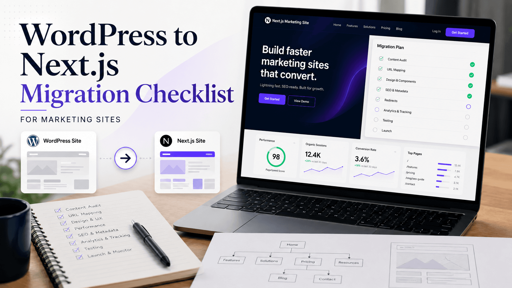 Editorial cover image showing a WordPress to Next.js migration workflow with redirects, content modeling, and performance planning
