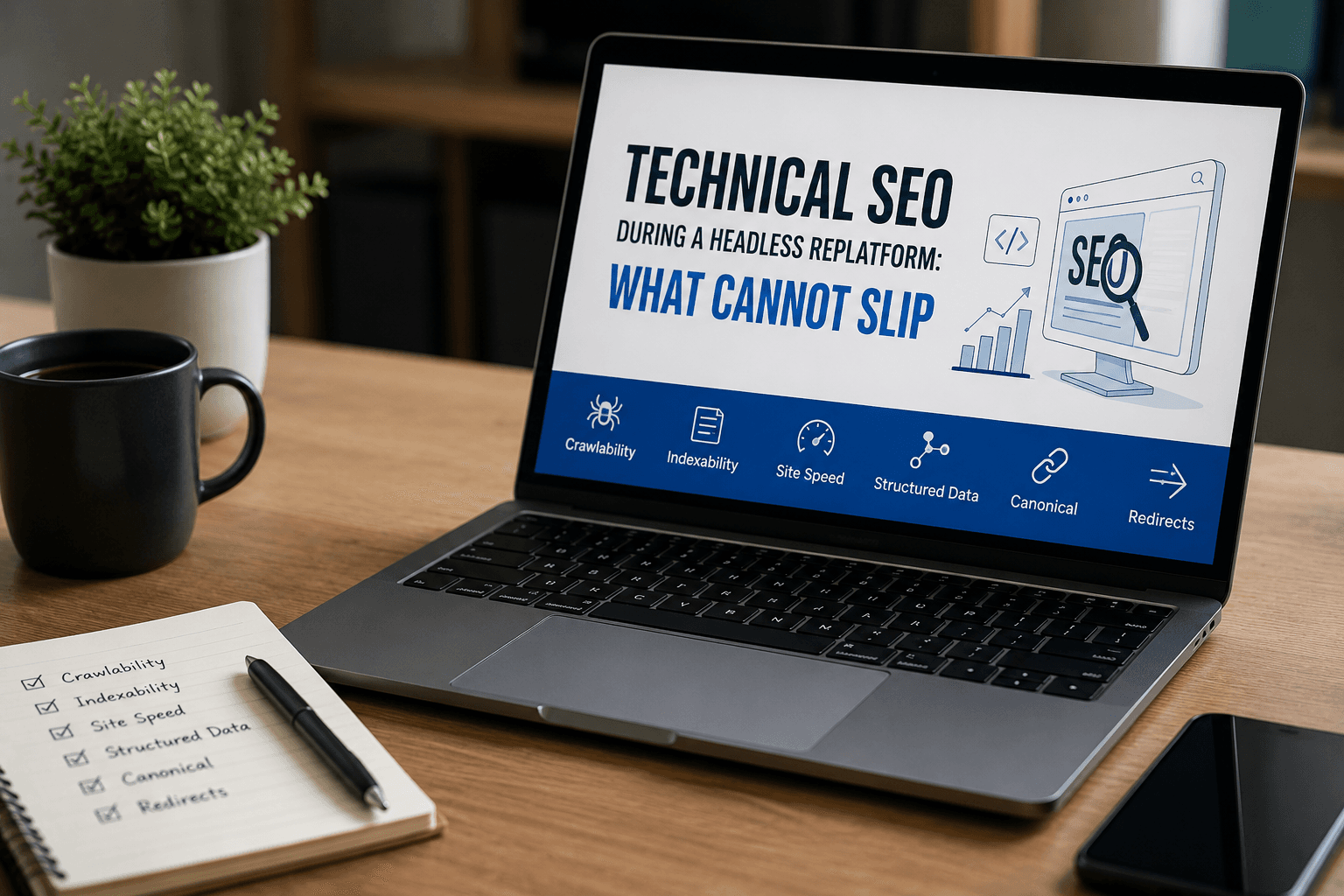 Editorial cover image showing technical SEO guardrails for a headless replatform with canonicals, schema checks, redirects, and monitoring